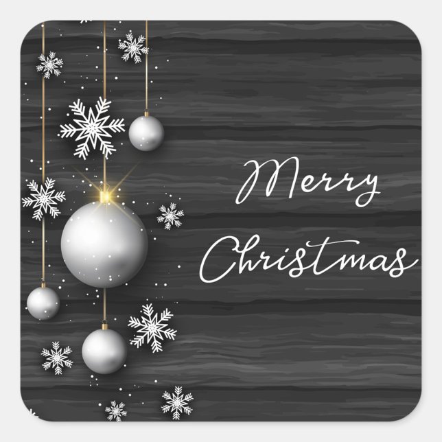 Frohe Weihnachten Aufkleber (A square Christmas sticker features a dark gray wood-grain background with horizontal lines.)