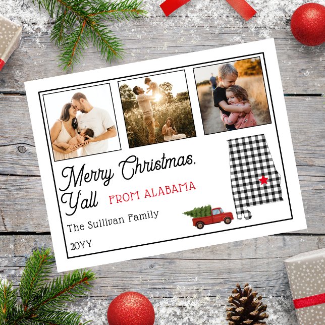 Frohe Weihnachten aus Alabama Foto Holiday (Rustic "Merry Christmas Y'all from Alabama" Three Photo and State Holiday Postcard)