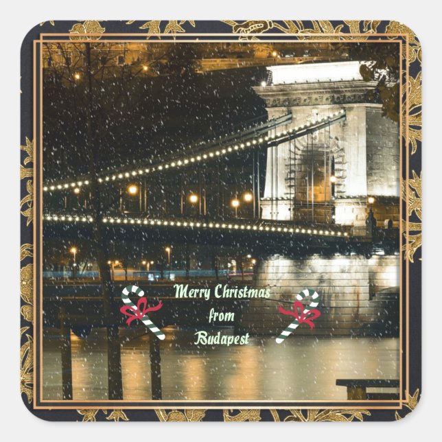 Frohe Weihnachten aus Budapest Quadratischer Aufkleber (Vorderseite)