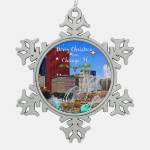 Frohe Weihnachten aus Chicago Schneeflocken Zinn-Ornament