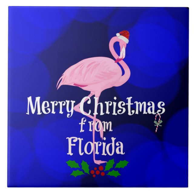 Frohe Weihnachten aus Florida, Santa Flamingo, Fliese (Vorderseite)
