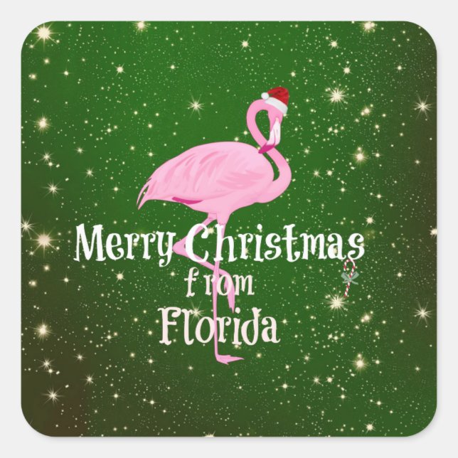 Frohe Weihnachten aus Florida, Santa Flamingo Quadratischer Aufkleber (Vorderseite)