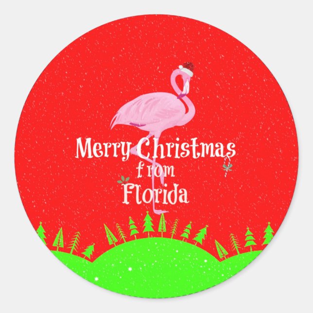 Frohe Weihnachten aus Florida und Santa Flamingo Runder Aufkleber (Vorderseite)
