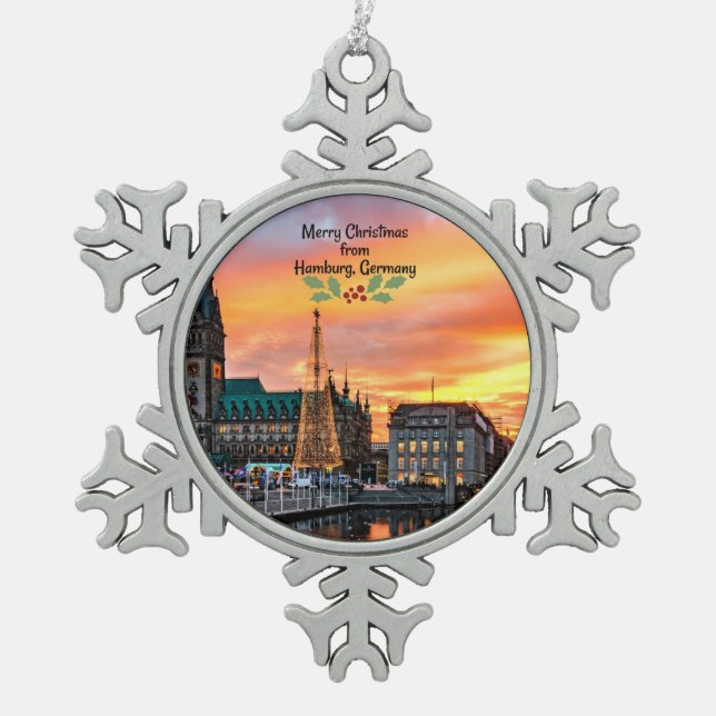 Frohe Weihnachten aus Hamburg, Deutschland Schneeflocken Zinn-Ornament (Vorderseite)