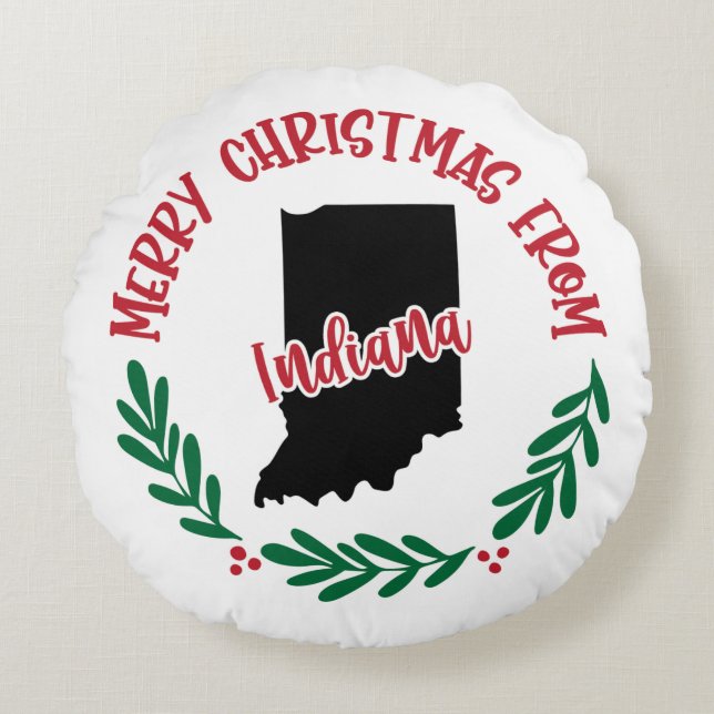 Frohe Weihnachten aus Indiana US Red Green White Rundes Kissen (Vorderseite)