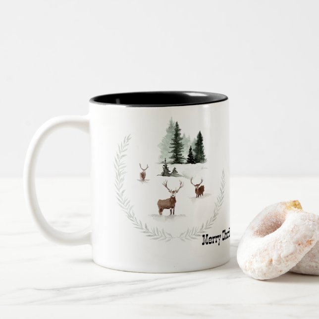 Frohe Weihnachten aus Kanada Hirsch im Wald Zweifarbige Tasse (Mit Donut)