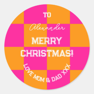 Frohe Weihnachten aus Mama und Vater Bright Gesche Runder Aufkleber