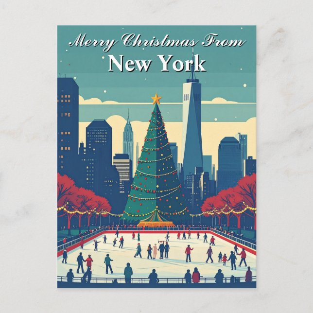 Frohe Weihnachten aus New York Ice Rink Holiday Postkarte (Vorderseite)