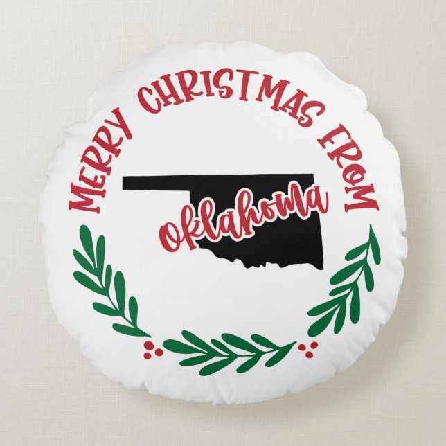 Frohe Weihnachten aus Oklahoma US Red Green White Rundes Kissen (Vorderseite)