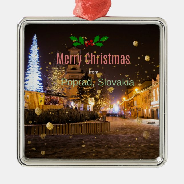 Frohe Weihnachten aus Poprad, Slowakei Ornament Aus Metall (Vorne)