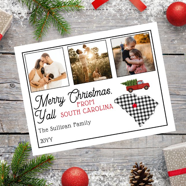 Frohe Weihnachten aus South Carolina Foto Holiday (Rustic "Merry Christmas Y'all from South Carolina" Three Photo and State Holiday Postcard)