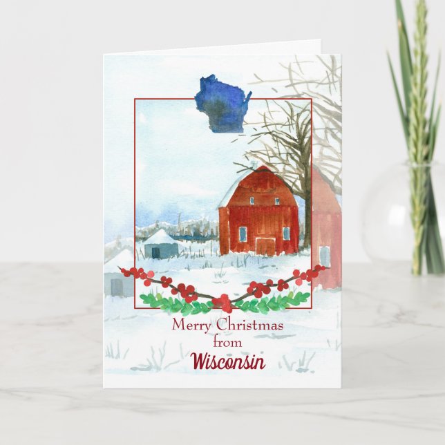 Frohe Weihnachten aus Wisconsin Red Barn Karte (Vorderseite)