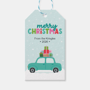 Frohe Weihnachten Auto mit Geschenken in Aqua Blau Geschenkanhänger