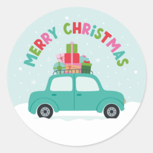Frohe Weihnachten Auto mit Geschenken in Aquablau Runder Aufkleber