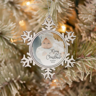 Frohe Weihnachten Baby Foto Schneeflocken Zinn-Ornament