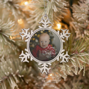 Frohe Weihnachten Baby Foto Schneeflocken Zinn-Ornament