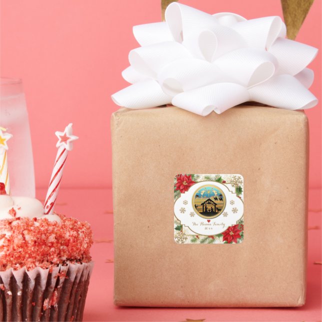 Frohe Weihnachten, Baby Jesus Krippe Szene Quadratischer Aufkleber (Party)