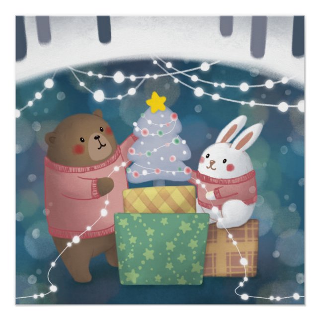 Frohe Weihnachten: Bär & Bunny Poster (Vorderseite)