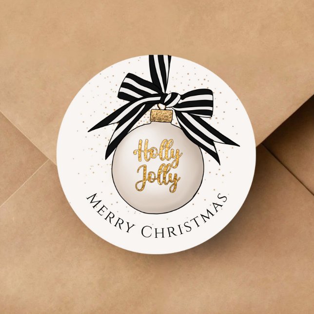 Frohe Weihnachten Bauble White Black Runder Aufkleber (Merry Christmas Bauble White Black Classic Round Sticker)