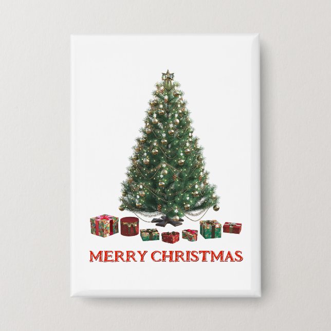 Frohe Weihnachten. Baum (Design 1) mit Geschenken Button (Vorderseite)