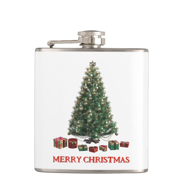 Frohe Weihnachten. Baum (Design 1) mit Geschenken Flachmann (Vorderseite)
