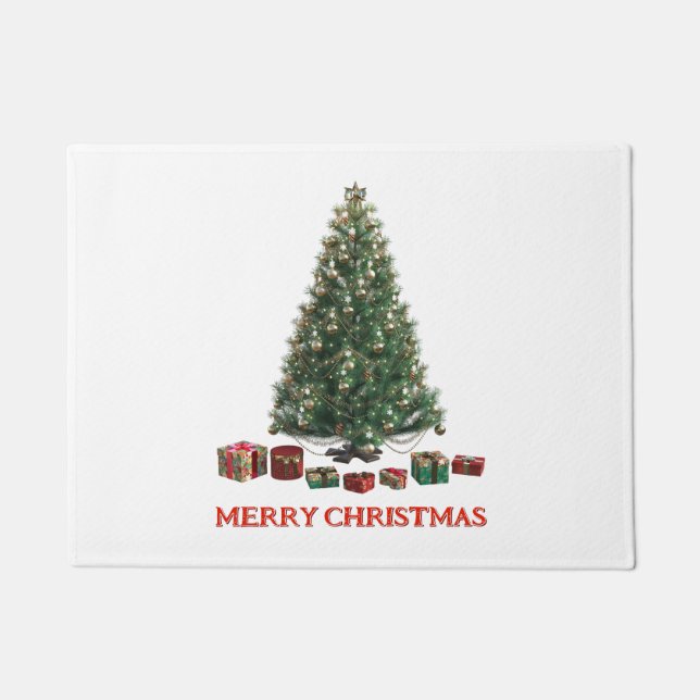 Frohe Weihnachten. Baum (Design 1) mit Geschenken Fußmatte (Vorderseite)