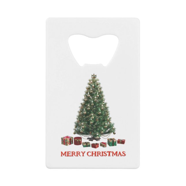 Frohe Weihnachten. Baum (Design 1) mit Geschenken Geldbeutel Flaschenöffner (Vorderseite)