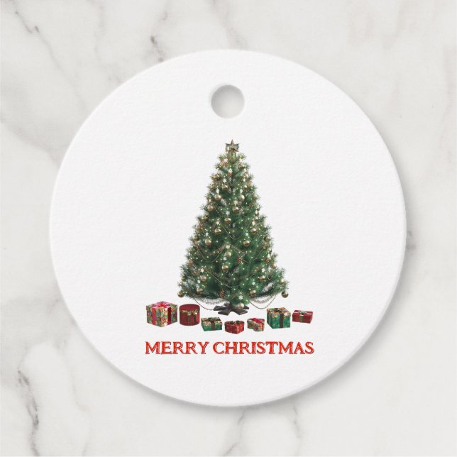 Frohe Weihnachten. Baum (Design 1) mit Geschenken Geschenkanhänger (Vorderseite)