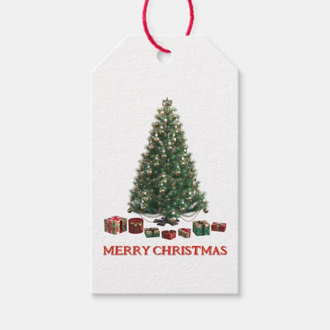 Frohe Weihnachten. Baum (Design 1) mit Geschenken Geschenkanhänger (Vorderseite)