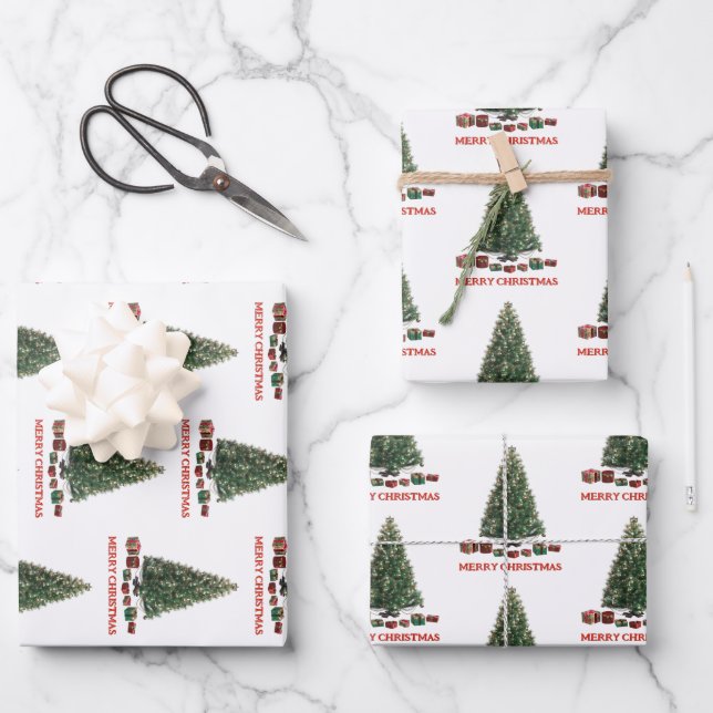 Frohe Weihnachten. Baum (Design 1) mit Geschenken Geschenkpapier Set (Vorderseite)