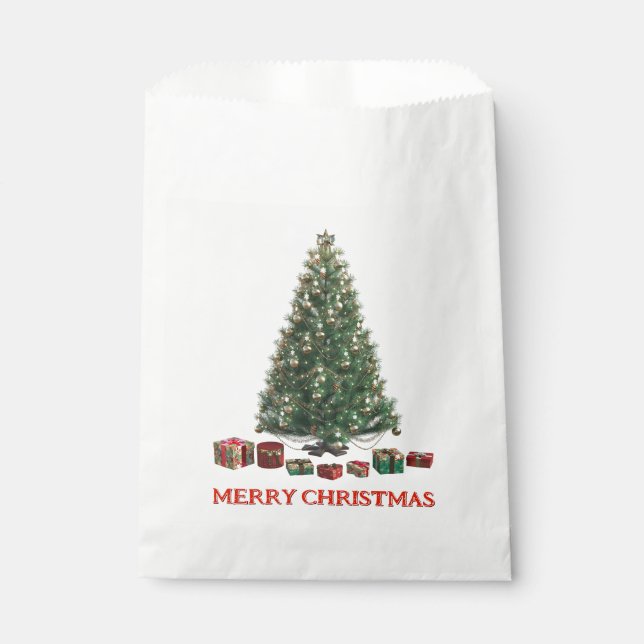 Frohe Weihnachten. Baum (Design 1) mit Geschenken Geschenktütchen (Vorderseite)
