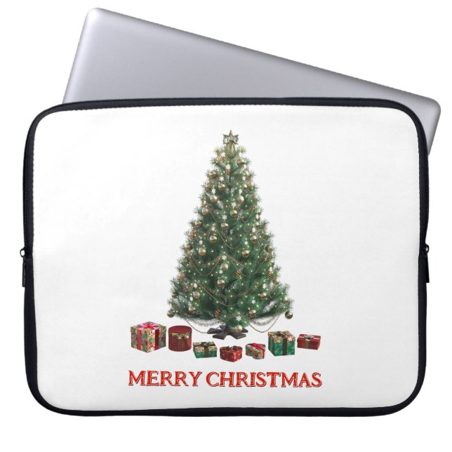 Frohe Weihnachten. Baum (Design 1) mit Geschenken Laptopschutzhülle (Vorderseite)