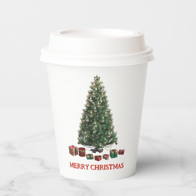 Frohe Weihnachten. Baum (Design 1) mit Geschenken Pappbecher (Vorderseite)