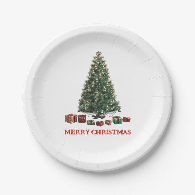 Frohe Weihnachten. Baum (Design 1) mit Geschenken Pappteller (Vorderseite)