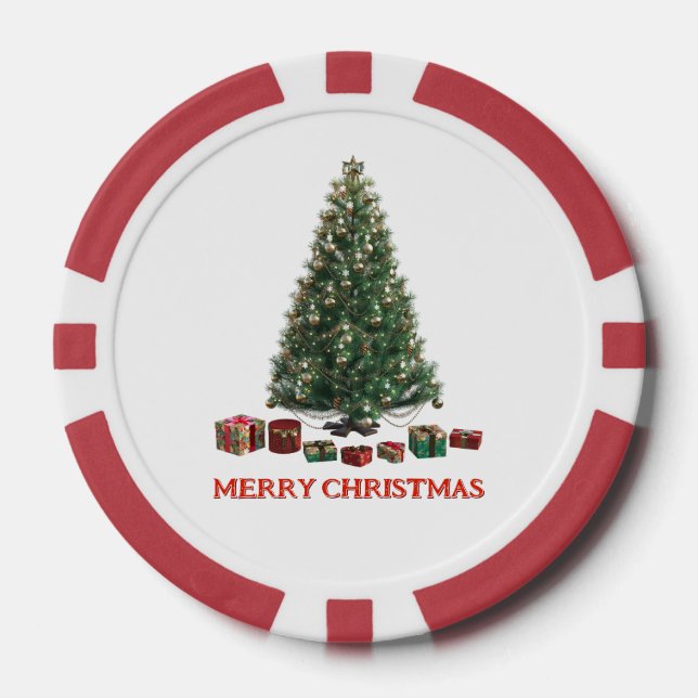 Frohe Weihnachten. Baum (Design 1) mit Geschenken Pokerchips (Vorderseite)