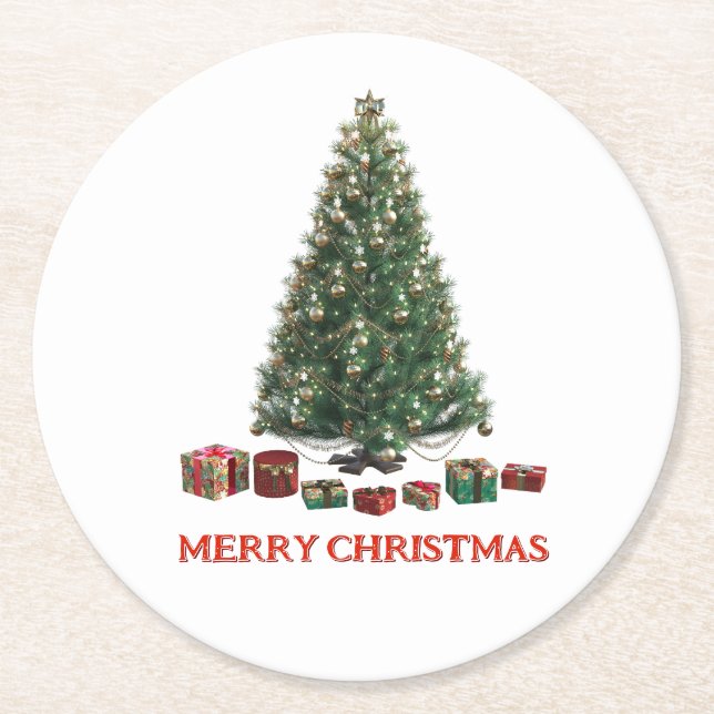 Frohe Weihnachten. Baum (Design 1) mit Geschenken Runder Pappuntersetzer (Vorderseite)