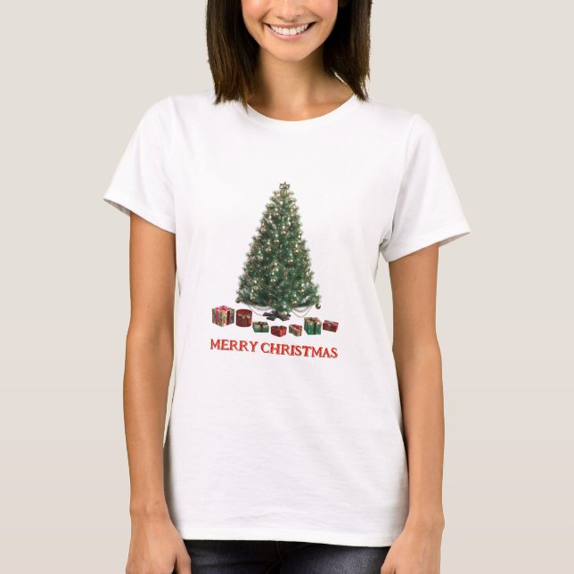 Frohe Weihnachten. Baum (Design 1) mit Geschenken T-Shirt (Vorderseite)