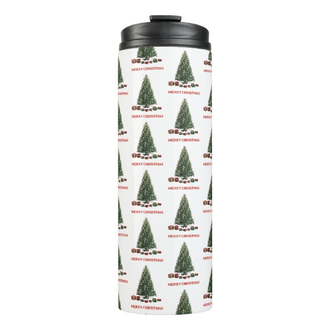 Frohe Weihnachten. Baum (Design 1) mit Geschenken Thermosbecher (Vorderseite)