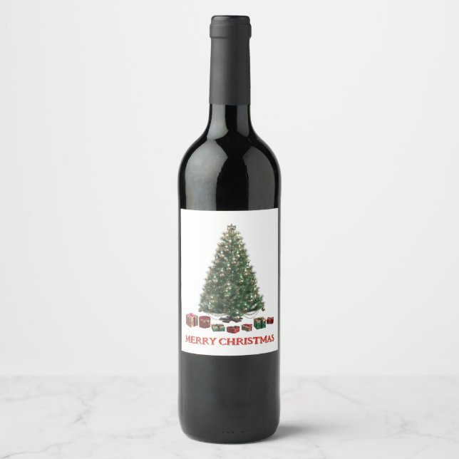 Frohe Weihnachten. Baum (Design 1) mit Geschenken Weinetikett (Vorderseite)