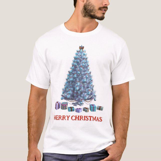 Frohe Weihnachten. Baum (Design 2) mit Geschenken T-Shirt (Vorderseite)
