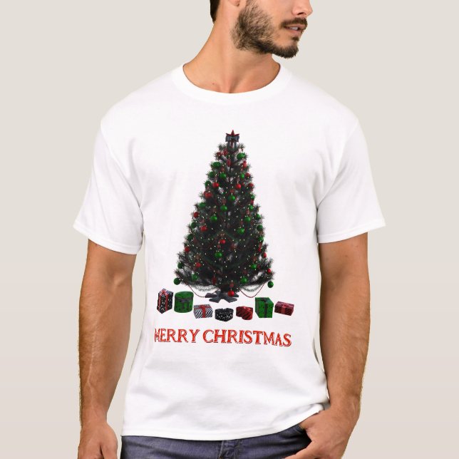 Frohe Weihnachten. Baum (Design 5) mit Geschenken T-Shirt (Vorderseite)