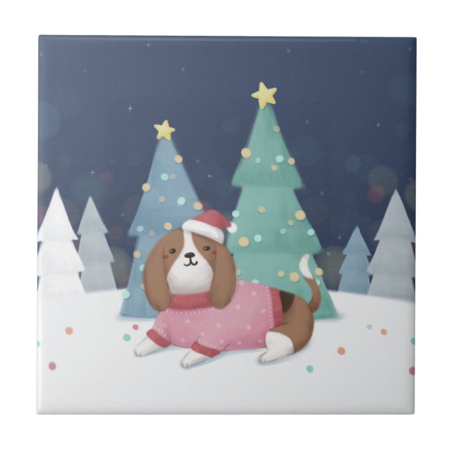 Frohe Weihnachten: Beagle Illustration Art Fliese (Vorderseite)
