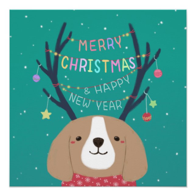Frohe Weihnachten: Beagle Illustration Art Poster (Vorderseite)