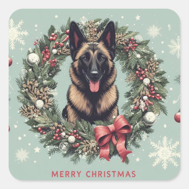 Frohe Weihnachten Belgisch Malinois Dog Xmas Quadratischer Aufkleber (Vorderseite)