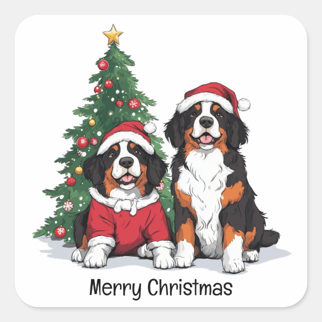 Frohe Weihnachten Bernese Mountain Hunde Quadratischer Aufkleber (Vorderseite)
