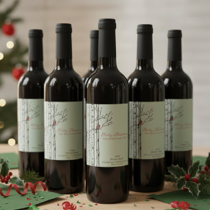 Frohe Weihnachten Birkenbäume & Kardinalvögel Weis Weinetikett