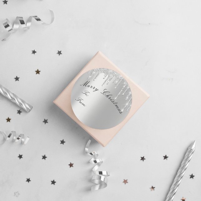 Frohe Weihnachten bis von Holidays Spark Tropfen g Runder Aufkleber (Merry Christmas To From Holidays Spark Drips Gray Classic Round Sticker)