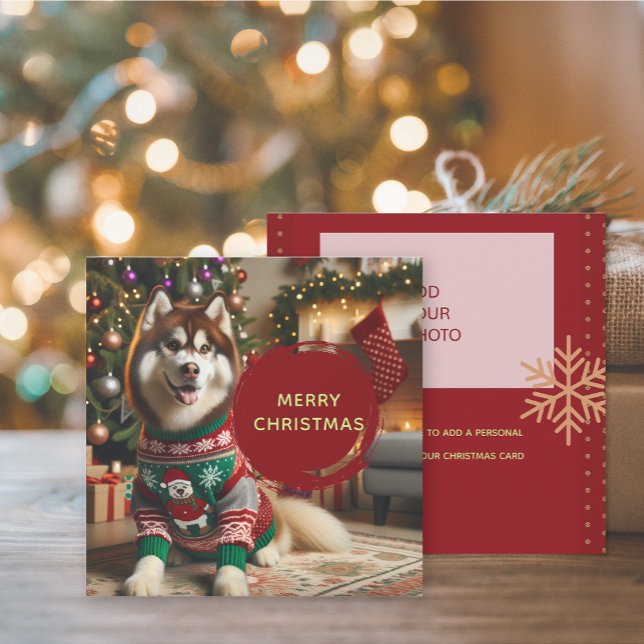 Frohe Weihnachten bis zu 2 Fotos Grußkarte Karte (The front and back of the Siberian Husky Christmas Holiday photo greeting card)