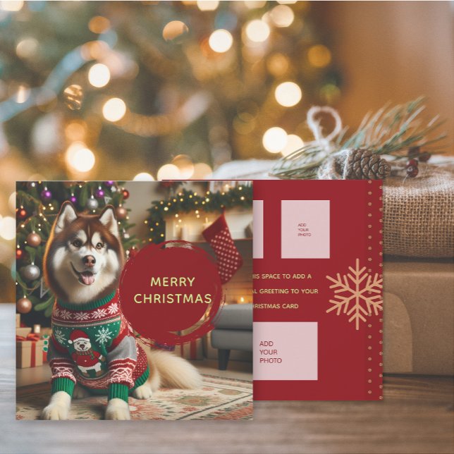 Frohe Weihnachten bis zu 4 Fotos Grußkarte Karte (The front and back of the Siberian Husky Christmas Holiday photo greeting card)
