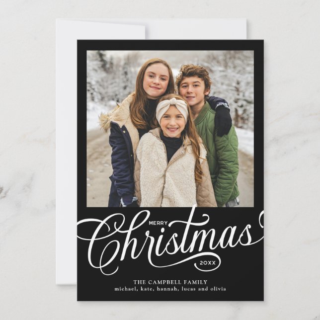 Frohe Weihnachten Black Script Familienfoto (Vorderseite)